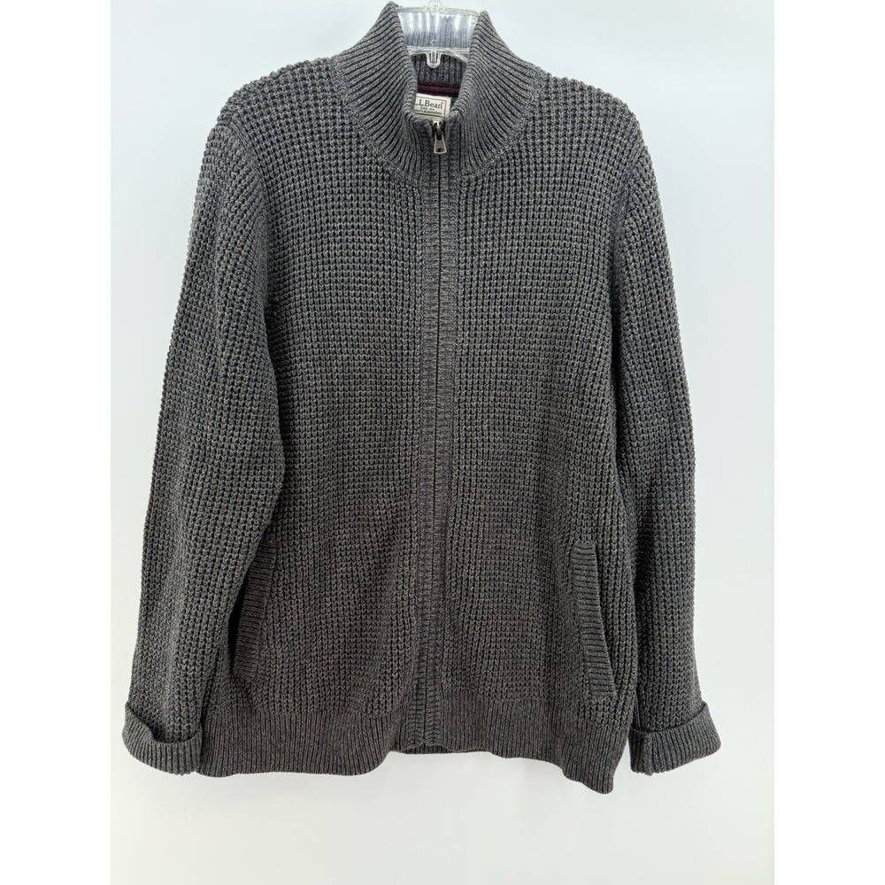 LL Bean Full‎ Zip Sweater Mens Large Gray Organic Cotton Waffle Knit Mock Neck